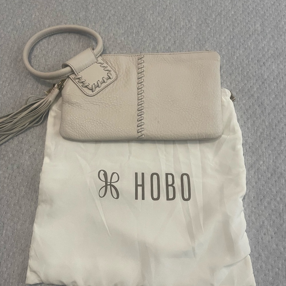 HOBO Ivory Leather Ring-Handle Wristlet with Tassel